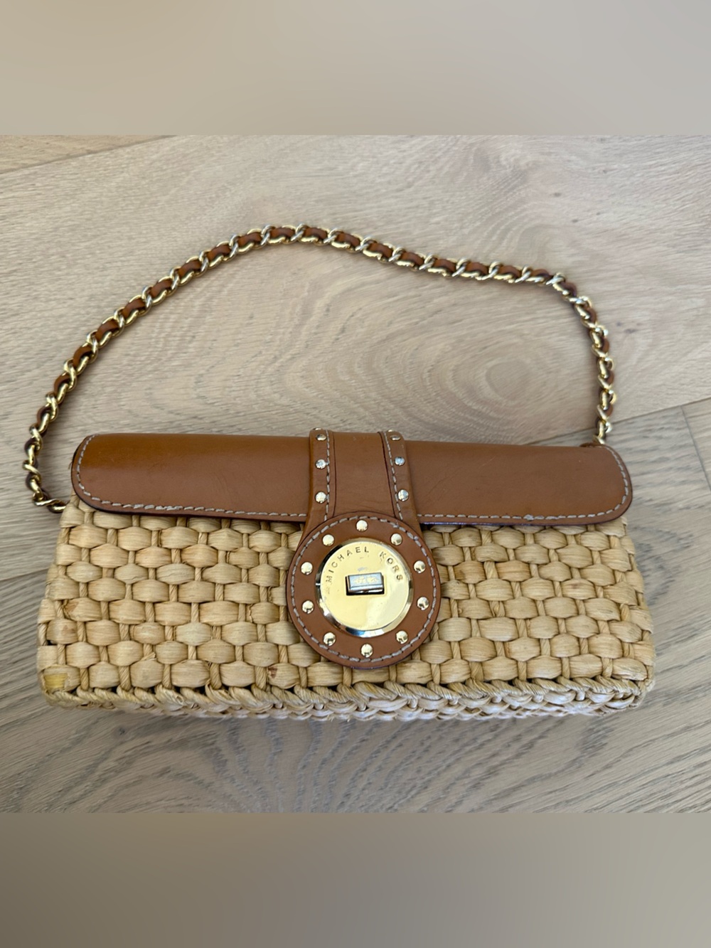 Michael Kors Tan Woven Shoulder Bag with Gold-Tone Chain